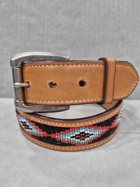 Vtg Champion belt men's 32 brown thick leather beaded equestrian snap on buckle